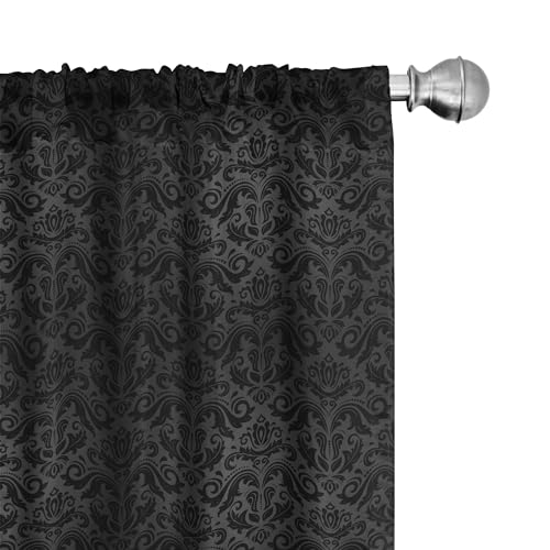 Image of Ambesonne Dark Grey Window Curtains, Black Damask and Floral Elements Oriental Antique Ornament Vintage, Lightweight Decor 2-Panel Set with Rod Pocket, Pair of - 28" x 95", Black Grey