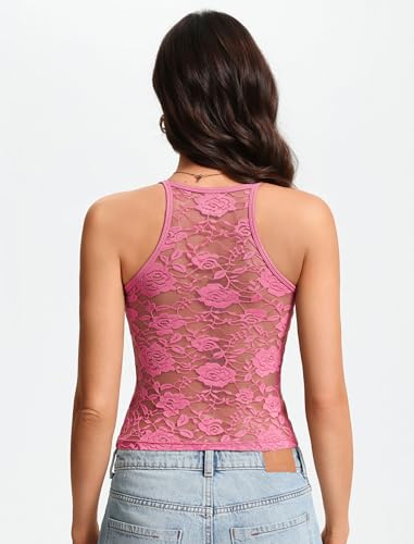 Tank Tops with Built in Bras Ribbed Lace Womens Summer Outfits Pink L - image 4