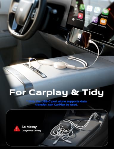 Image of LISEN Multi Charging Cable, 3 in 1 Retractable Charging Cable, Retractable Car Charger with Type C /L /Micro USB Ports for iPhone 17 16 15 14 Pro /Samsung Galaxy S25 /Kindle, Car Accessories, Off-White