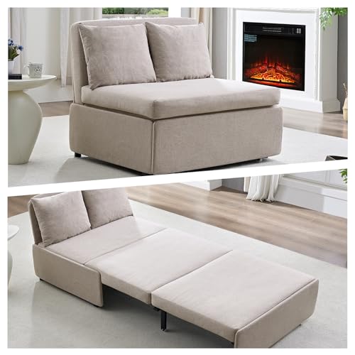 Image of BALUS 43 inch W Twin Pull Out Sofa Bed Sleeper Couch with Pullout Beds, Convertible 2 in 1 Linen Sleepers Sofas Armless Chair with Pillows and Foldable Mattress for Small Space Apartment Loft, Beige
