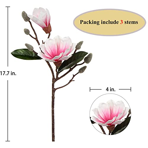 Dilatata Magnolias Artificial Flowers 3Pcs Silk Magnolias Stems Faux Magnolia Flowers 17.7" Real Touch Magnolia Flowers Branch For Office Vase Table Centerpiece - Pink Magnolia 3Pcs #TOP1