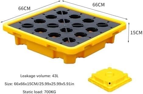 Yellow and Black Spill Containment Pallets – Modular, Stackable Polyethylene Platforms for Warehouses and Workshops, 66 X 36 Cm, Ideal for Drums and Hazardous Materia-66x66x15CM