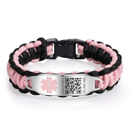 Theluckytag Medical Bracelets for Men Women with QR Code Medical Alert ID Bracelets Sport Boy Girl - Silicone Waterproof Wristband - More Space Custom Emergency Info (Pink)