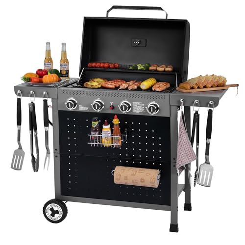 Royal Gourmet GL4001 4-Burner Gas Grill with Pegboard, 500 Sq. In. Cooking Area, 26,000 BTU, Foldable Side Shelves with Hooks, Ideal for Backyard and Patio, Black & Cool Gray