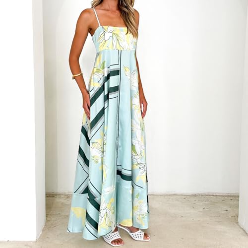 Image of NUFIWI Women Summer Striped Maxi Dress Spaghetti Strap Cutout Ruffle Long Dress Flowy Swing Beach Vocation Dress