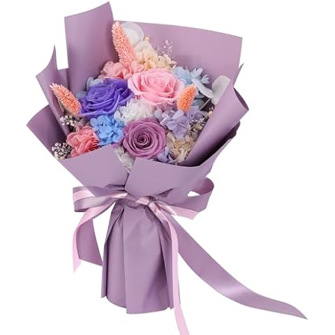 Forever Roses Bouquet for Decoration,Fresh Flower Bouquet,Handcrafted Preserved Bouquet of Flowers Gift That Last 1-3 Years,Gifts for Women Anniversary Christmas Valentines Birthday Mom(purple) Cover