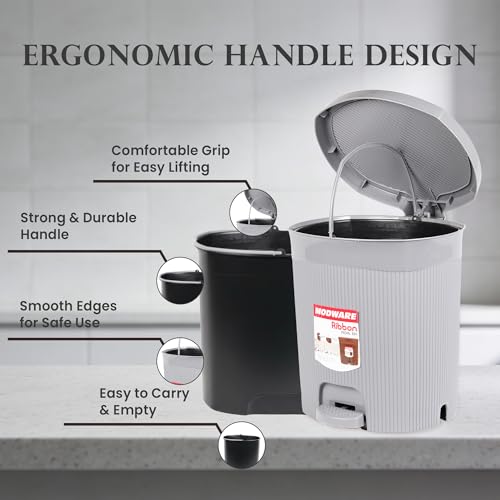 Image of MODWARE Premium Ribbon Plastic Pedal Dustbin with Removable Inner Bucket I PP Polypropylene Material I Foot Pedal for Hands-Free operation I for Kitchen, Office, College (Grey)