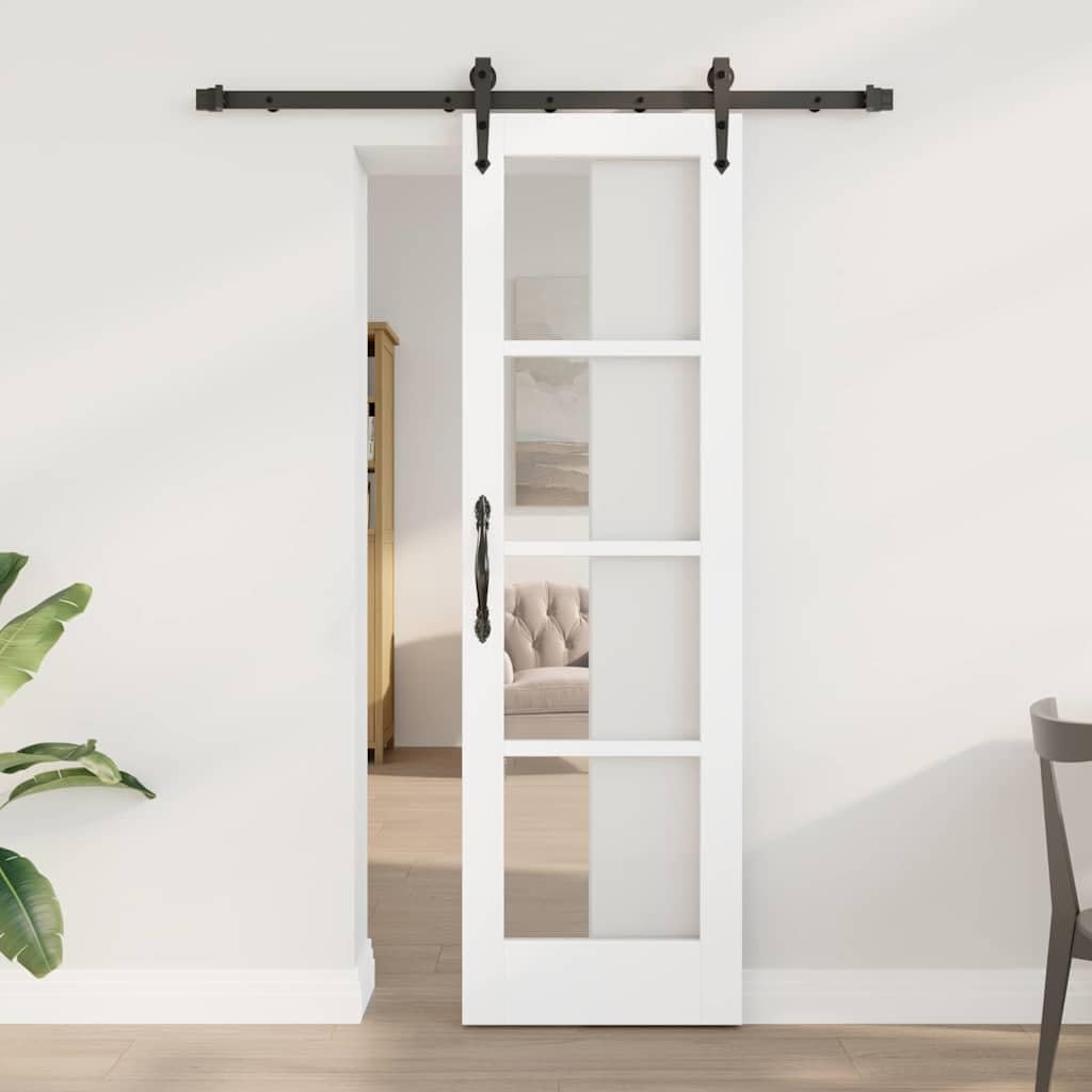 Puerta corredera ORKDAL blanca de 61 x 198,5 cm madera maciza de pino y cristal, riel de 152,5 cm, deslizamiento silencioso, para interiores, pasillos y decoración moderna