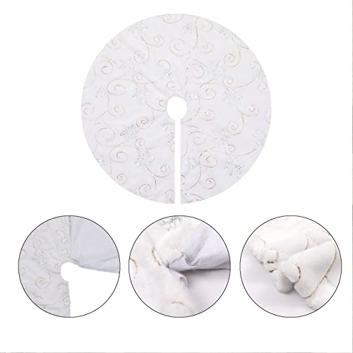 White Plush Christmas Tree Skirt 30 Inches With Stocking Snow White Fur Christmas Tree Skirt Mat With Gold Sequin Snowflake Xmas Tree Skirt Base Cover For Christmas New Year Decorations #TOP1