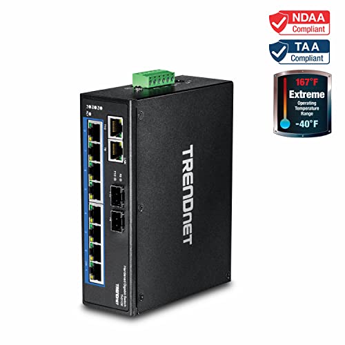 Image of TRENDnet 10-Port Hardened Industrial Gigabit DIN-Rail Switch, 20Gbps Switching Capacity, DIN-Rail and Wall Mounts Included, Dual Redundant, Two RJ-45 /SFP Ports, Lifetime Protection, Black, TI-G102