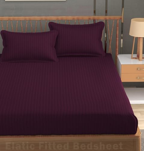 EVAHOME Cotton Blend Plain Stripe Elastic Fitted Queen Size Bedsheet with 2 Pillow Cover (Elastic Fitted Bedsheet, Wine) (72X78 Inches) Which Fits Upto 8 in Matress