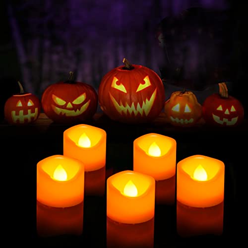 Image of CANDLE CHOICE Battery Operated Flameless Tea Lights Orange Flickering LED Electric Fake Votive Tealight Candles Halloween Pumpkin Thanksgiving Christmas Decorations Centerpieces 24 Pack Batteries Incl