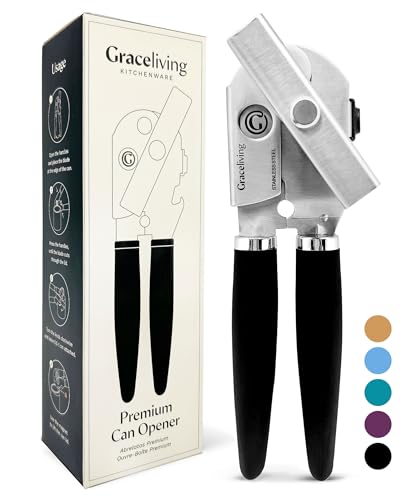 Graceliving Premium Multifunction Magnetic Manual Can Opener and Bottle Opener, Heavy Duty Stainless Steel Sharp Cutting Blade and Oversized Easy Turn Knob, Soft-Touch Handle, Kitchen Use, Black