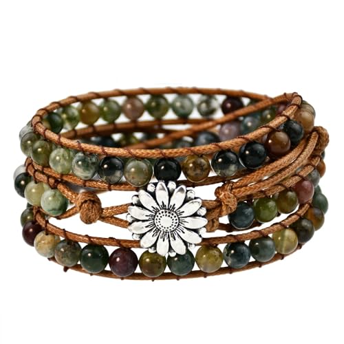 Boho Stone Beads Wrap Bracelet for Women Men Natural Crystal Beaded Wrap Bracelet Adjustable Bohemian Handmade Bracelet Jewelry Gifts