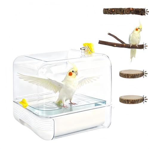 Dmnnlp Hanging Bird Bath for Cage, with Wood Perches, Bird Cage Accessories for Small Medium Birds Lovebird, Parakeet, Cockatiel, Essential Bird 7.3" x 7.3" x 8.2" (White)