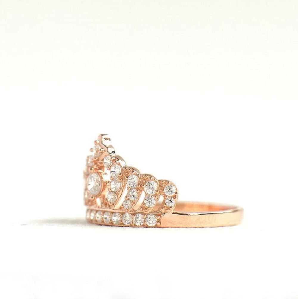 Women Crown Rings Princess Queen 18K Gold Plated Tiara Ring Tiny CZ Eternity Heart-Shaped Promise Ring Zircon Jewelry