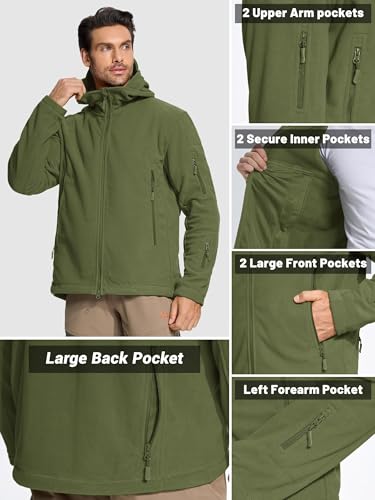 TACVASEN Herren Fleecejacke Military Outdoor Winddichte Jacke mit Kapuze- Gr. L, Grün