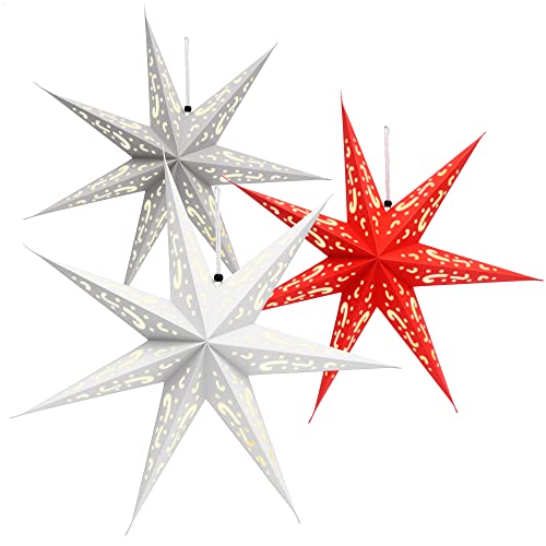 COM-FOUR® 3X Estrella Luminosa en 3D - Estrella navideña con iluminación LED y Temporizador - Estrella de Papel Premium