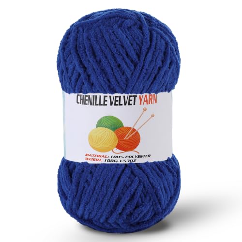 Image of Fluffy Chenille Yarn for Crocheting, Chunky Velvet Yarn for Crochet Amigurumi, Used for Making Baby Yarns Blanket, Clothes, Pattern Knitting Creations (1- Sapphire Blue)