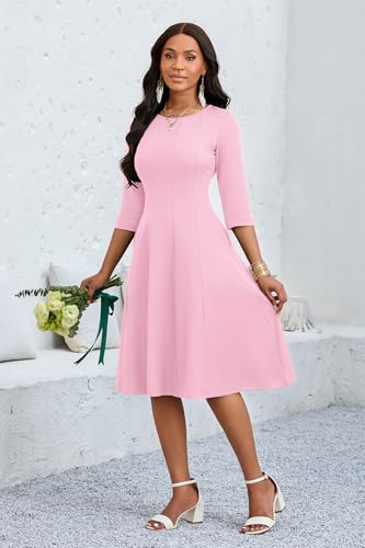 Image of CLOCOR Casual Midi Dresses for Women A-Line Fit and Flare Elegant Church 3 /4 Sleeve Crew Neck Dress with Pocket