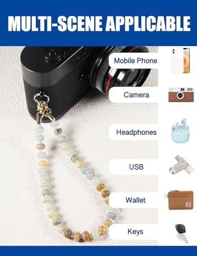 CH.yishi Handmade Natural Gemstone Crystal Beaded Charm Cell Phone Camera Lanyard, Hands-Free Wrist Strap, Phone Chain String, Keychain Decor for Walle (Watermelon Tourmaline) - 4