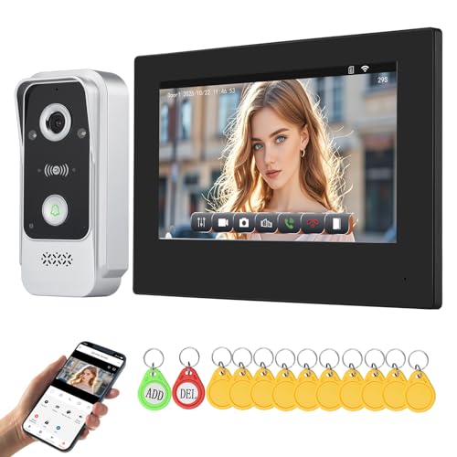 QttyElok Videoportero WiFi 2 Hilos, 1080P Sistema de Videotimbre Inteligente con cable, Pantalla Táctil IP de 7' y Cámara, Detección de Movimiento, Audio Bidireccional, Desbloqueo por Tuya APP/RFID