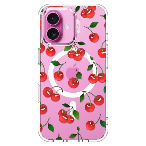 MOSNOVO Case for iPhone 16, [Compatible with Magsafe] [Buffertech 6.6ft Military-Grade Drop Protection] [Anti Peel Off Tech] Clear Phone Case Design - Cute Cherry