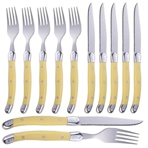 Murago - Steakbesteckset 12-Teilig Gelb - Steak Messer Gabel Grillbesteck Set 6 Personen Edelstahl Besteck Bunt Pastell