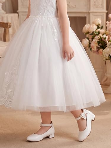 Image of Coutgo Girls Dress Shoes Flower Girl Bow Chunky Heels Closed Toe Ankle Strap Pumps Wedding Party Princess Shoes