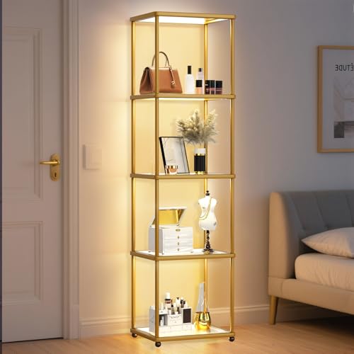 Bücherregal mit LED-Beleuchtung Stehlampe mit Glasregal Dimmbar Glasvitrine mit Einstellbare Farbtemperaturen und Helligkeit Sammlervitrine für Wohnzimmer Büro Spielzimmer (40 x 32 x 148cm)