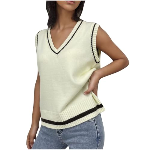 HGps8w Women's Preppy Style Colorblock Sweater Vest, Loose Casual Sleeveless V Neck Cable Knit Fall Winter Pullover Tank Tops