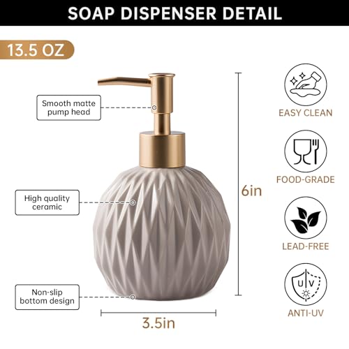 Ceramics Gold Soap Dispenser for Bathroom, Relief Soap Dispenser for Kitchen Sink, 400ml/13.5Oz Refillable Liquid Hand Soap Bottle with Gold Pump (Khaki). 6