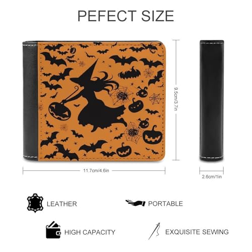 Men's Leather Wallet Bifold Wallet for Men Halloween Witch Flying Slim Wallet with Multiple Card Classic Passcase Mens Card Holder2