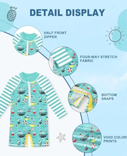 Image of BesserBay Baby Boy Swimsuit UPF 50+ Zip Front Long Sleeve Snaps Bottom One Piece Rash Guard 0-36 Months