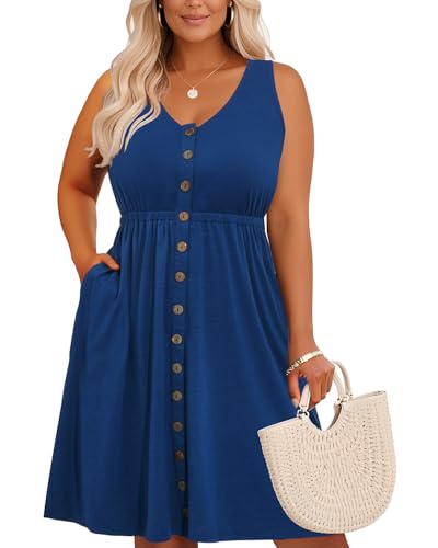 Image of Holipick Women's Plus Size Summer Dresses for Women Casual Dress with Pockets A-Line Swing Button Down Sleeveless V Neck