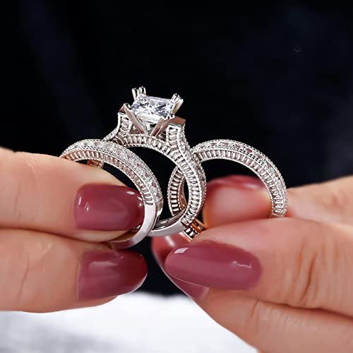 Jeulia 3PC Princess Cut Ring Set: Sterling Silver Halo Diamond Bridal Set Engagement Wedding Band Best Anniversary Promise Valentines Jewelry Gift with Box3