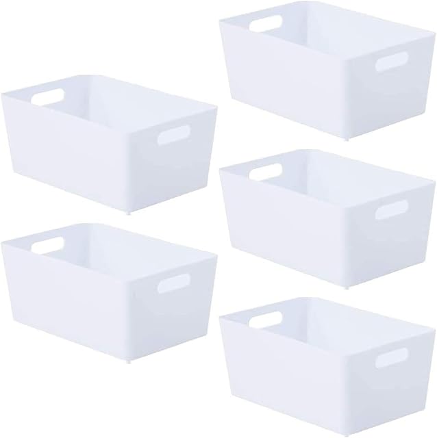 Kaya Pack of 5 Plastic Storage Baskets with Handle for Home, Office & Kitchen Rectangular Storage Basket - Cupboard Storage & Organiser Boxes (WHITE)