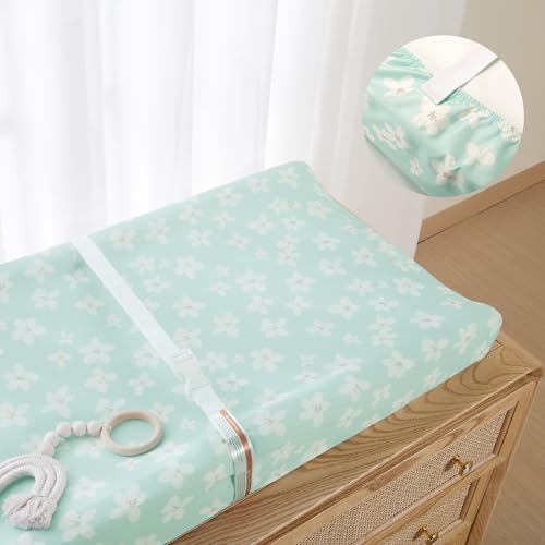 TILLYOU Changing Pad Cover Set in Soft Jersey Material - Fits 32"/34''x16 Contoured Pad for Babies, Fresh Flowers and Light Green