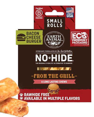 Earth Animal No Hide Chews - from the Grill Rolls Bacon Cheeseburger Flavor Rawhide Free Small Dog Chews - 6 Count