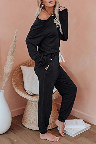 Automet Womens Lounge Sets Pajamas Loungewear Long Sleeve Soft Tops With Jogger Sweatpants Tracksuit Sweatsuits 2 Piece Fall Outfits 2023 Winter Clothes Black #TOP1