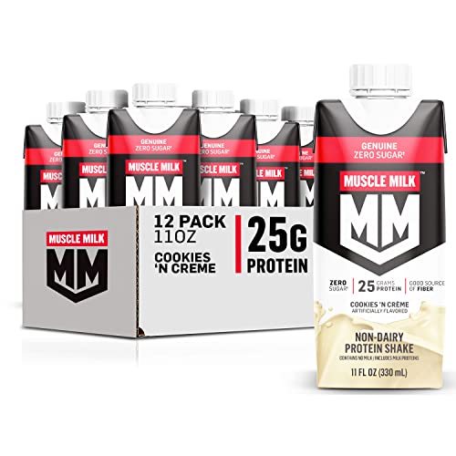 Muscle Milk Genuine Protein Shake, Cookies 'n Crème, 11 Fl Oz Carton, 12 Pack, 25g Protein, Zero Sugar, Calcium, Vitamins A, C & D, 5g Fiber, Energizing Snack, Workout Recovery, Packaging May Vary