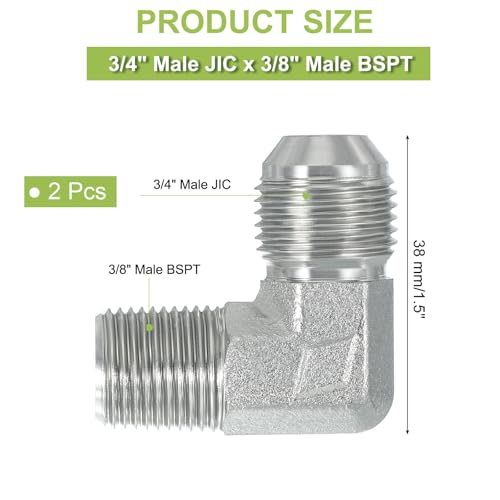 Image of PATIKIL 90 Degree Pipe Adapter, 2 Pcs 3 /4 inch Male 37 Flare JIC x 3 /8 inch BSPT Male Connector Carbon Steel Elbow Fitting for Air Hydraulic Fluid Fuel Water Oil, Silver