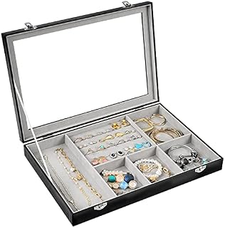 ProCase Jewelry Display Box with See-through Glass Cover, Jewelry Storage Tray Organiser Case for Earings Bracelets, Rings, Watches Black