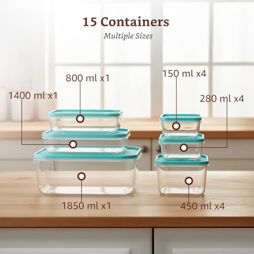 Image of Amazon Brand - Solimo Plastic Container Set with Airtight Lids | BPA-Free | Microwave & Dishwasher Safe | Kitchen Storage Containers | Set of 15