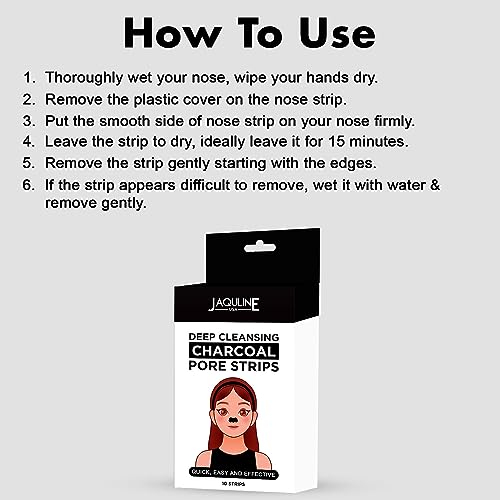 Image of JAQULINE USA Charcoal Nose Pore Strips | Deep Cleansing Nose Strips for Blackhead & Whitehead Removal | Infused with Bamboo Charcoal & Aloe Vera | Unclogs Pores & Removes Oil & Dead Skin - 10 Strips