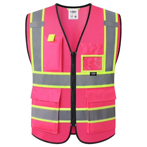 JKSafety Safety Vest for Men Women Hi Vis Vest with Pockets and Zipper High Visibility Reflective Safety Vests Meet ANSI Standard Pink Color Extended Yellow Strips (BX340- Pink M) 1 Piece