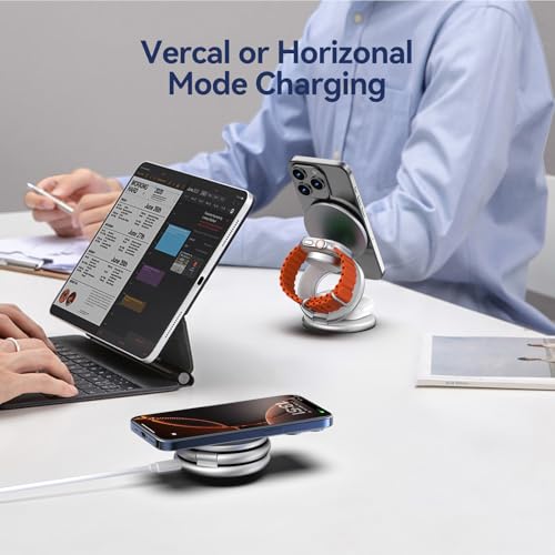 Image of KU XIU X63 3 in 1 Charging Station for Apple, Aluminum Alloy Foldable Magnetic Wireless Charger, Travel Charger for iPhone 16 /15 /14 /13 /12 Series, Apple Watch& AirPods(with 20W Adapter)-Silver