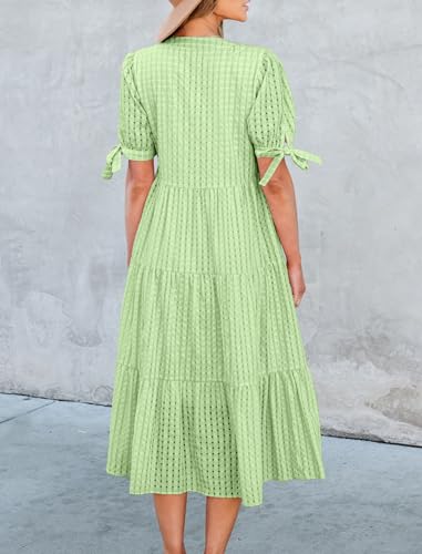 Image of Theenkoln Womens Casual Midi Dress: Short Sleeve V-Neck Empire Waist Gingham Spring Fashion Long Trendy Tiered Formal Dresses