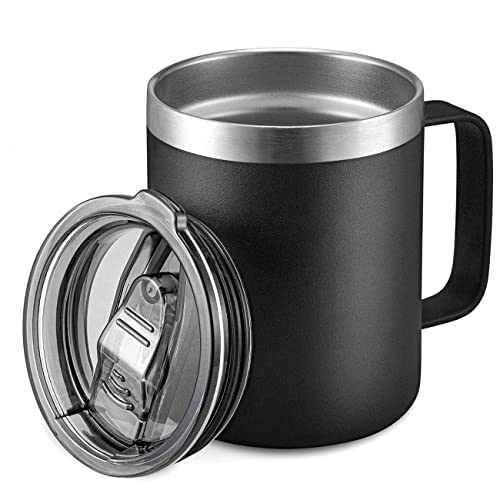 ALOUFEA 12oz Stainless Steel Insulated Coffee Mug with Handle, Double Wall Vacuum Travel Mug, Tumbler Cup with Sliding Lid, Black