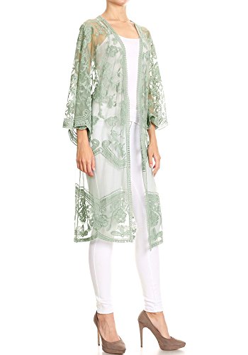 Anna-Kaci Floral Crochet Lace Cardigan for Women Beach Cover Ups Dress Kimono, Green, OneSize - Thumbnail 4